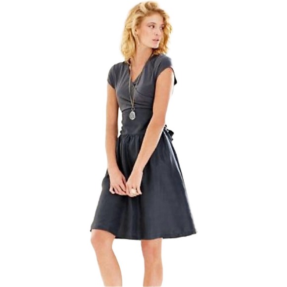 Garnet Hill Dresses & Skirts - Garnet Hill Grey Faux Wrap Dress Size S Pockets Silk Skirt Sash Bow Knit Party